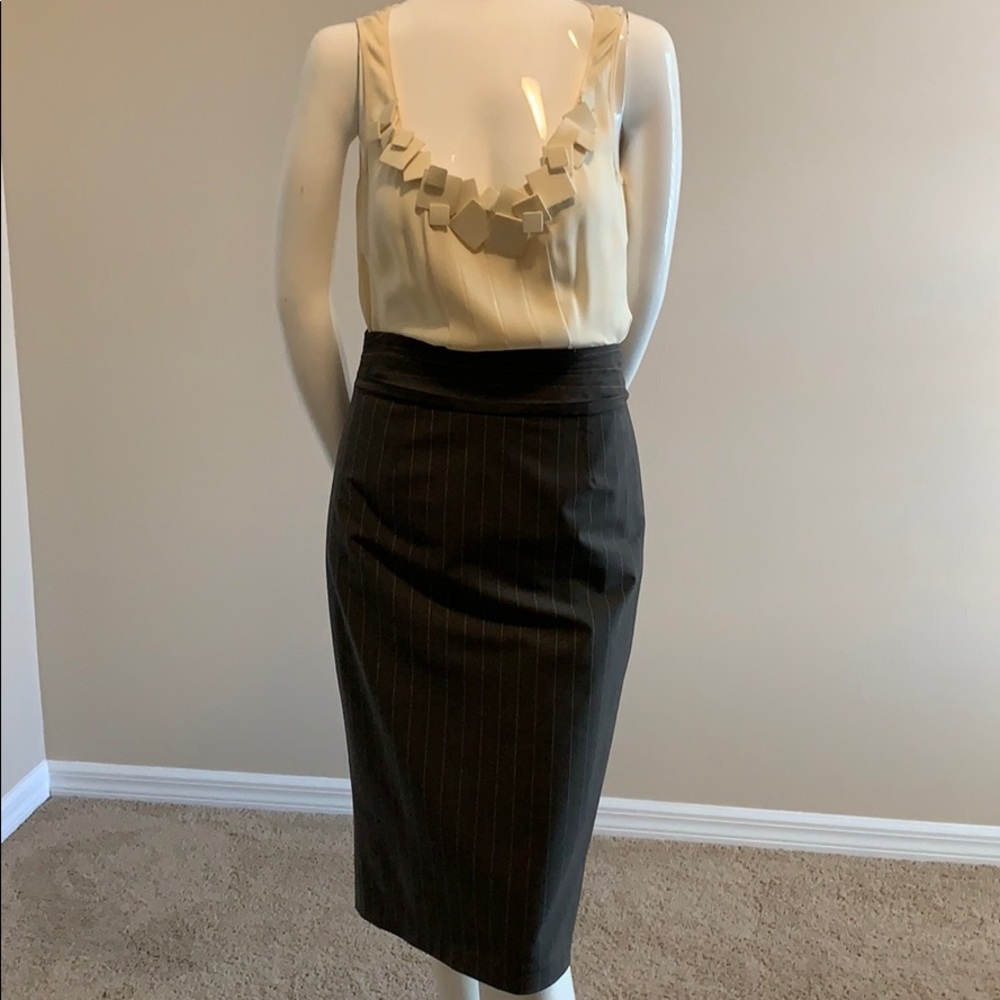 Nanette Lepore High Waist Ruched Waistband Midi Pinstripe Pencil Skirt 4 NWOT